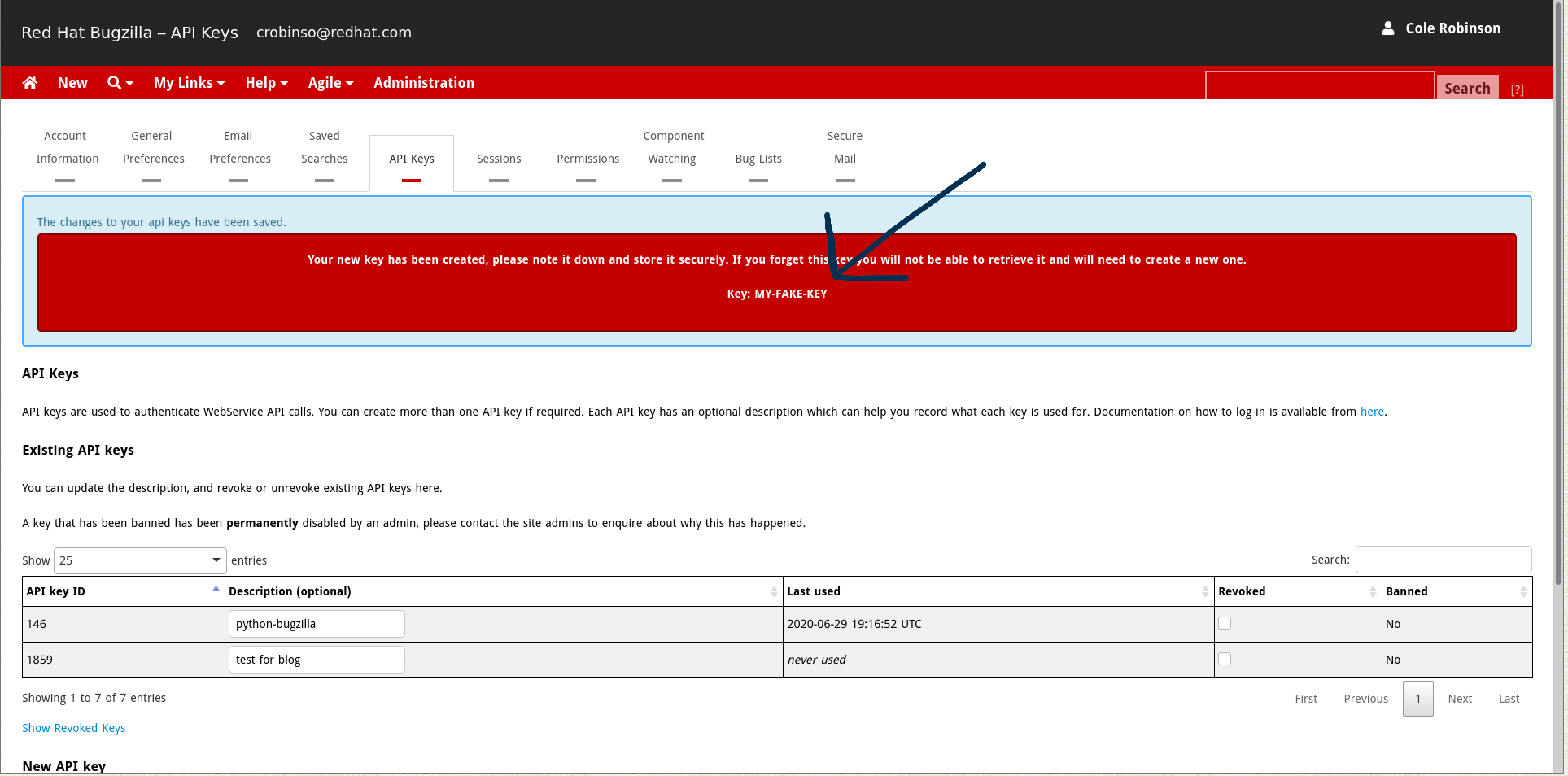 Bugzilla web UI API key setup